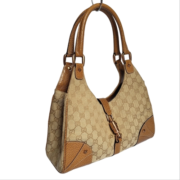 Gucci GG Canvas and Leather Nailhead Jackie Bardot Bag Tan 124407 - Picture 15 of 15